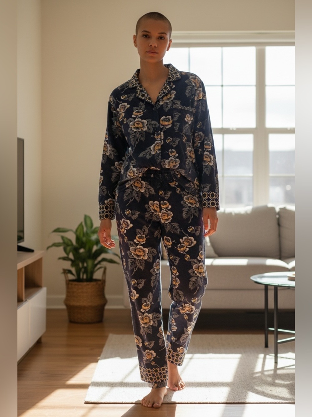 Vera Bradley 2 piece pajama set Navy Floral Button-Up Shirt with Yellow Accents